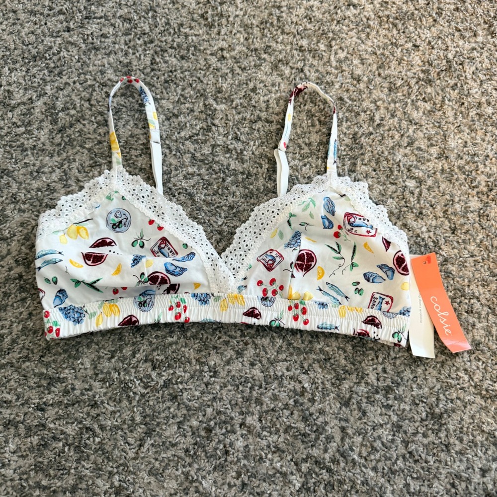 Colsie Women White Mediterranean Fruit Fish Print Lace Trim Bralette Size M NEW